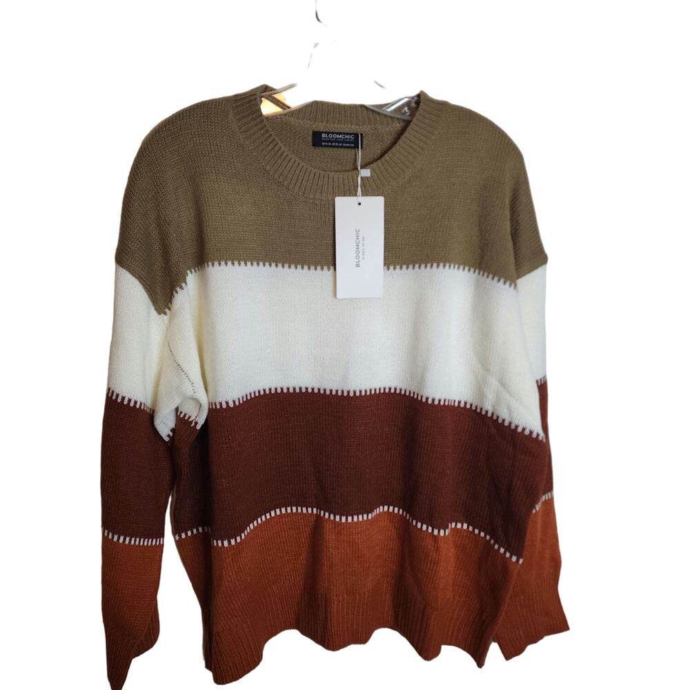 BloomChic Crew Neck Knit Acrylic Color Block Sweater, 14/16 or 1X, NWT